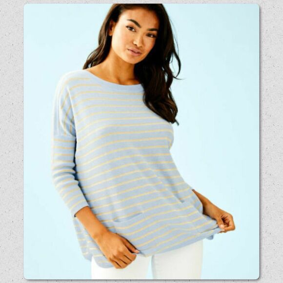 Lilly Pulitzer Cobo Blue Gold Striped Sweater Size Medium - Picture 1 of 6